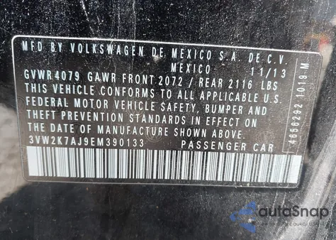 2014 Volkswagen Jetta 2.0L S z USA, uszkodzony, nr VIN 3VW2K7AJ9EM390133